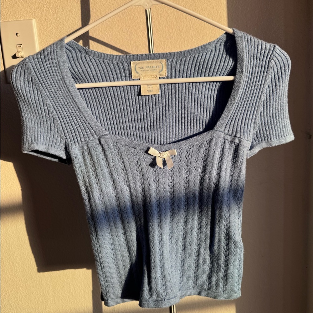 Cottage core  Blue Ribbed Crop Top with Bow Detail